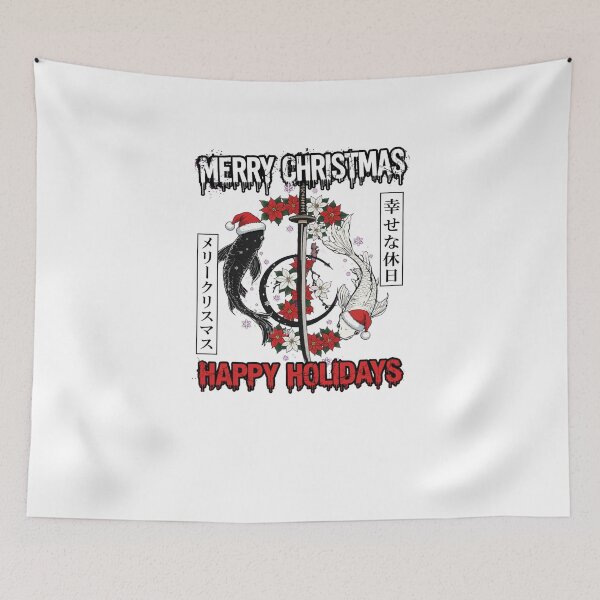 Item preview, Merry Christmas Koi Fish Santa Hat Katana Sword Grunge Japanese Holiday designed and sold by inkfluenceart.