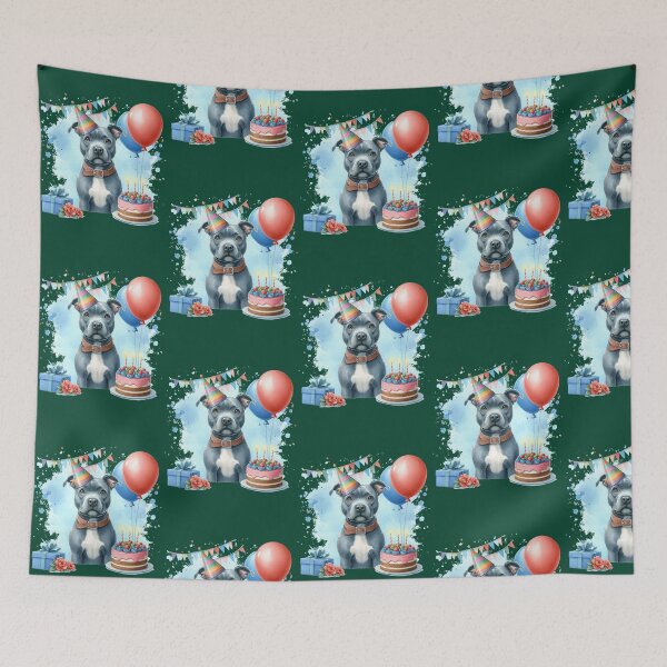 Item preview, Blue Staffy Puppy Celebrating a Happy Birthday Colorful Watercolor Active  designed and sold by DecorHomeGifts.