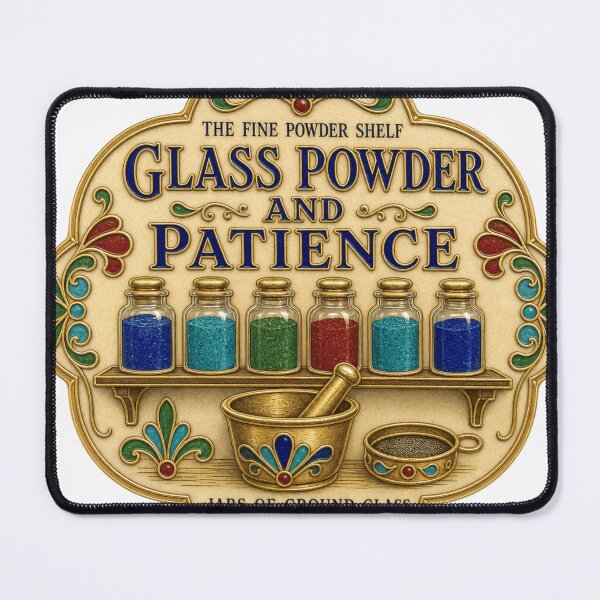 Artikelvorschau, Glass Powder And Patience Emaille Glaspulver Gläser Atelierregal Druck entworfen und verkauft von BoosterShop.