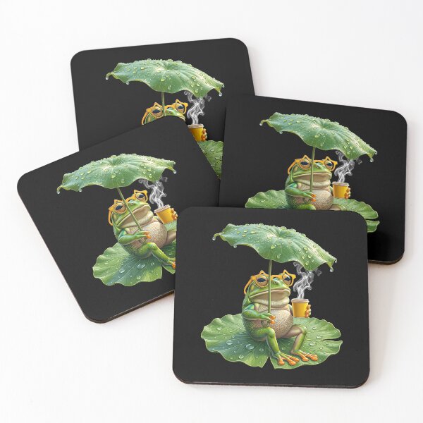 Item preview, Cozy Green Frog Chilling on Lotus Leaf with Coffee Kawaii Nature Art designed and sold by HexOne.
