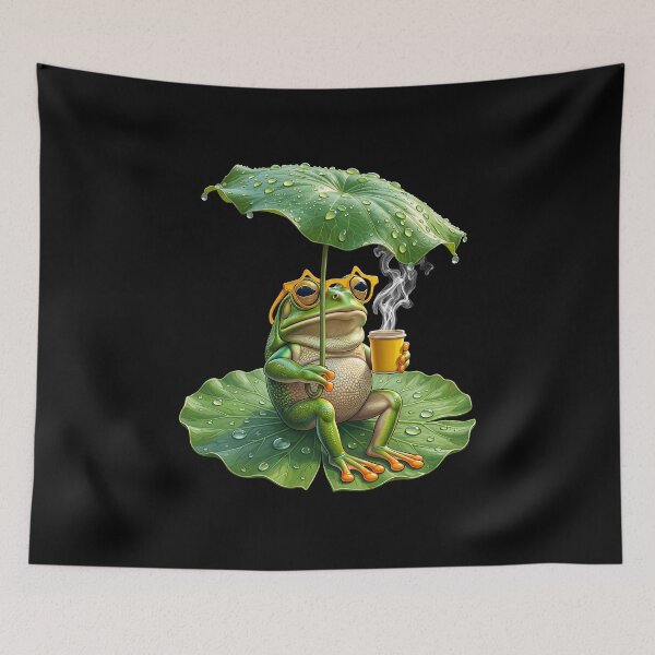 Item preview, Cozy Green Frog Chilling on Lotus Leaf with Coffee Kawaii Nature Art designed and sold by HexOne.