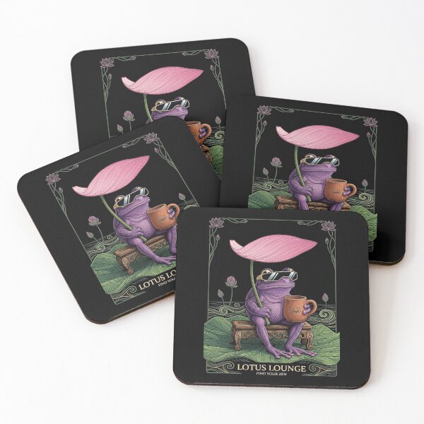 Item preview, Lotus Lounge Retro Zen Purple Frog with Tea Vintage Poster Art designed and sold by HexOne.