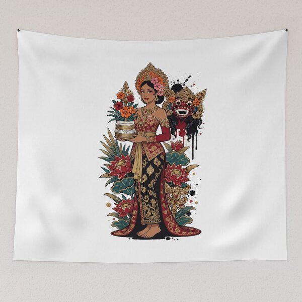 Item preview, Balinese Songket Lady Red Lotus Mask Ink Splash Art designed and sold by cannsuh.