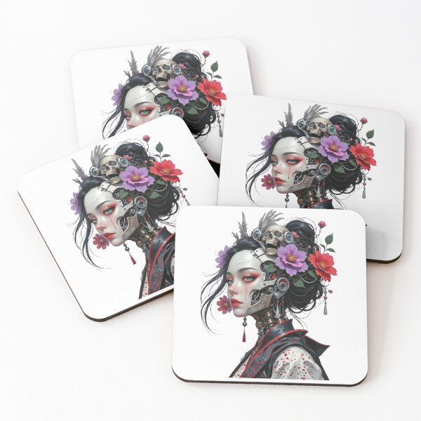 Item preview, Cyberpunk Geisha Mecha Android Skull Floral Japanese Streetwear Art designed and sold by HexOne.