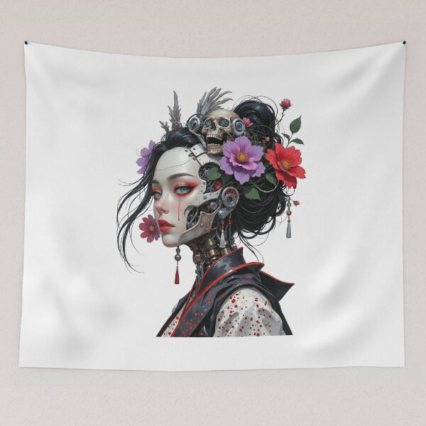 Item preview, Cyberpunk Geisha Mecha Android Skull Floral Japanese Streetwear Art designed and sold by HexOne.