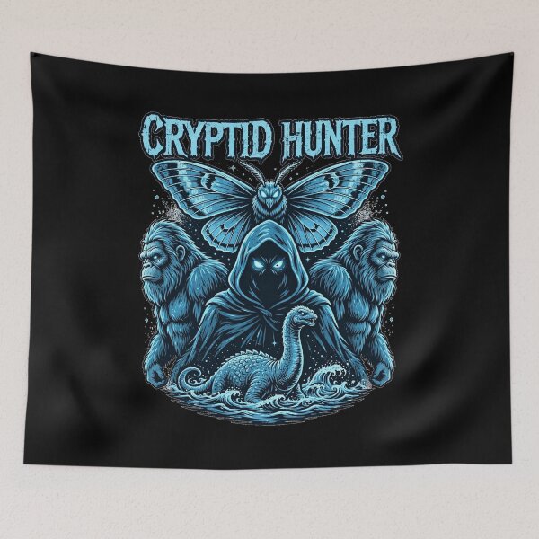 Item preview, Cryptid Hunter Mothman Bigfoot Nessie Electric Blue Retro designed and sold by Neon Bones Studio.