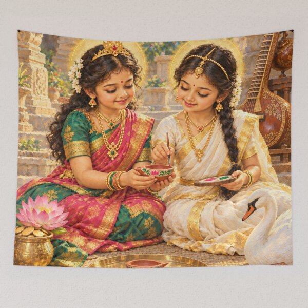 Item preview, Bala Lakshmi y Bala Saraswati pintando Diyas — Arte de la Diosa Infantil designed and sold by Homyar.