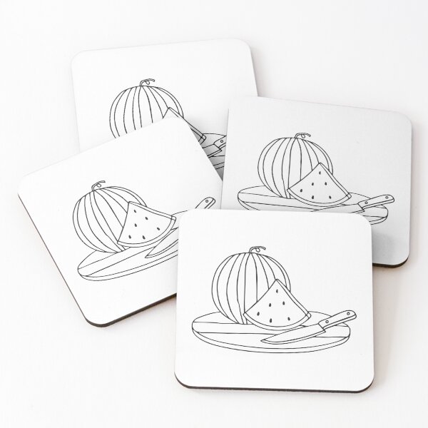 Item preview, A watermelon placed beside a knife on a round wooden board designed and sold by rasagamastore.