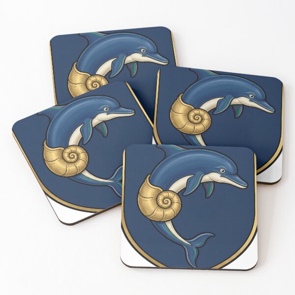 Item preview, Gothic Illuminated Bestiary - Dolphin with Gilded Whelk Shell - Heraldic Shield Charge designed and sold by IllumeInk.