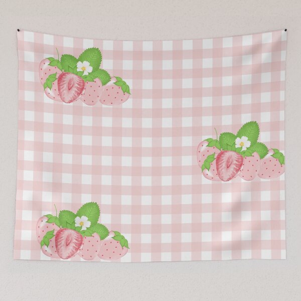 Aperçu de l'œuvre Motif vichy rose fraise – Illustration florale de fraises style cottagecore adorable créée et vendue par Sondosyazanart.