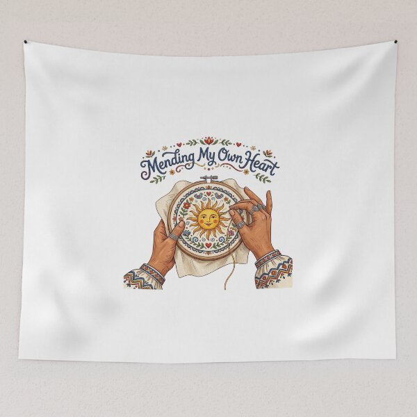 Item preview, Mending My Own Heart Folk Art Embroidery Sun designed and sold by Sanan Israyilli.