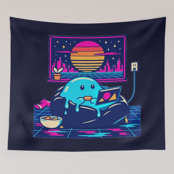 Aperçu de l'œuvre Slime sur un pouf, style synthwave, design rétro gamer créée et vendue par KungPowUnicorn.