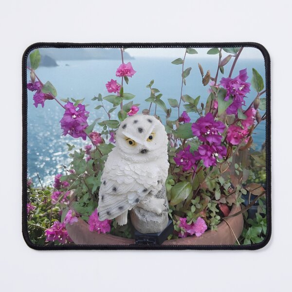 Item preview, Mystical White Owl with Pink Flowers by the Sea - Nature and Wildlife Art designed and sold by Marip1974.