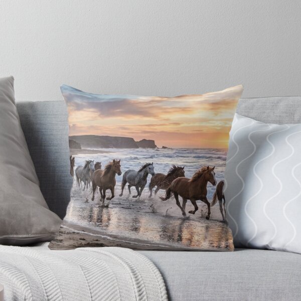Item preview, Wild Horses Galloping on Beach at Sunset - Majestic Ocean Landscape designed and sold by Wild-way Art.