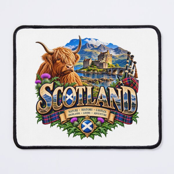 Artikelvorschau, Schottland Highlands – Highland Cow Burg & Dudelsack entworfen und verkauft von Wandervogel123.