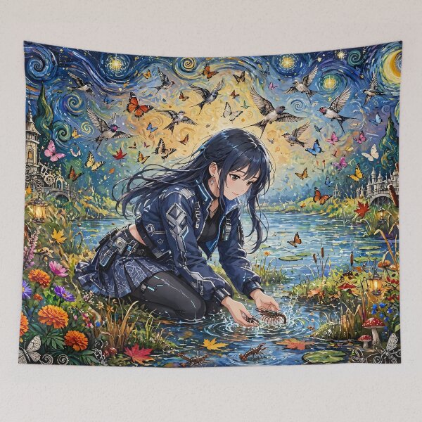 Item preview, Anime Girl Catching a Crayfish in a Magical Starry Lake designed and sold by m-y-A-I-A-R-T-.