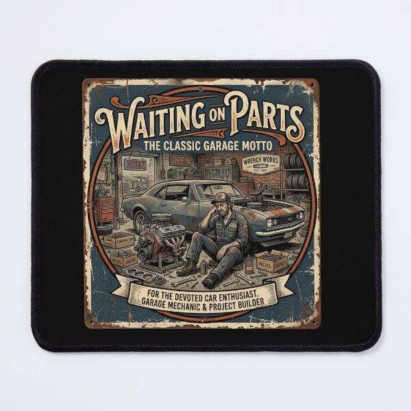 Item preview, Waiting On Parts - The Classic Garage Motto Mechanic Humor Vintage Sign designed and sold by gallofoto.
