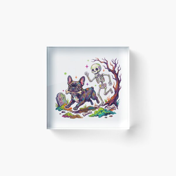 Item preview, Halloween French Bulldog Running with Bone Skeleton Graveyard Dog Art designed and sold by elisarasada.