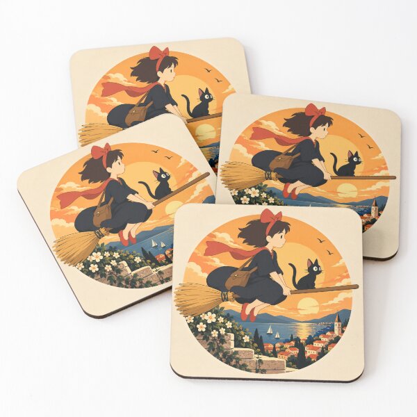 Item preview, Whimsical Witch Girl and Black Cat Flying designed and sold by AbstractAuraArt.