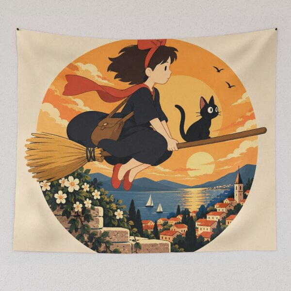 Item preview, Whimsical Witch Girl and Black Cat Flying designed and sold by AbstractAuraArt.