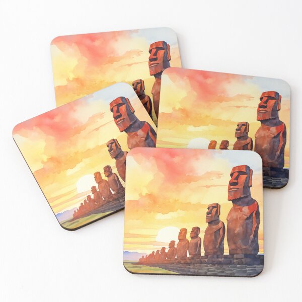Item preview, Easter Island Moai Sunset Watercolor Art designed and sold by Anuchartl.