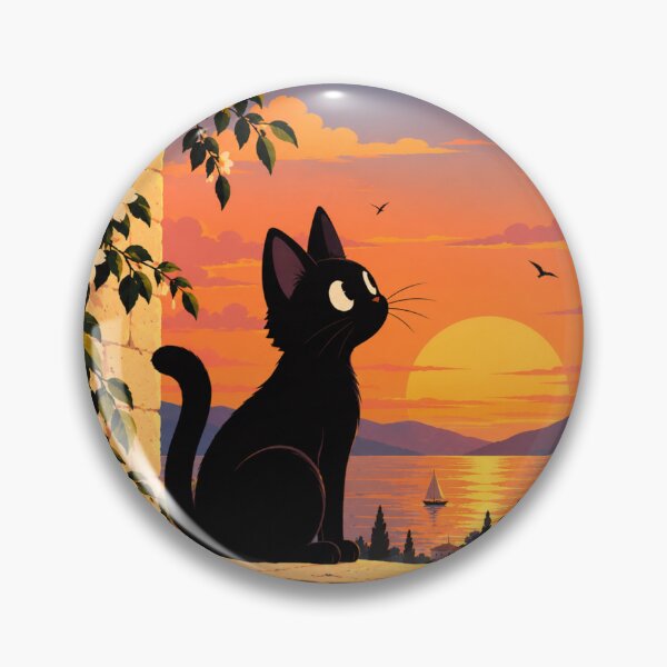 Item preview, Black Cat Watching Sunset Over Coastal Village designed and sold by AbstractAuraArt.