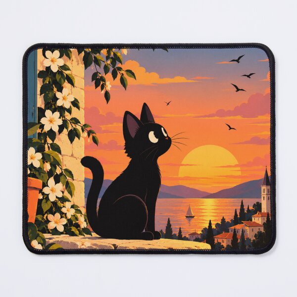 Item preview, Black Cat Watching Sunset Over Coastal Village designed and sold by AbstractAuraArt.