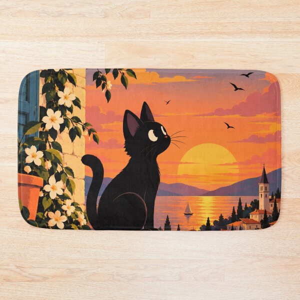 Item preview, Black Cat Watching Sunset Over Coastal Village designed and sold by AbstractAuraArt.