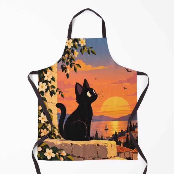 Item preview, Black Cat Watching Sunset Over Coastal Village designed and sold by AbstractAuraArt.