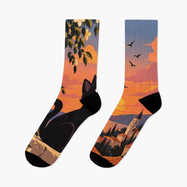 Item preview, Black Cat Watching Sunset Over Coastal Village designed and sold by AbstractAuraArt.
