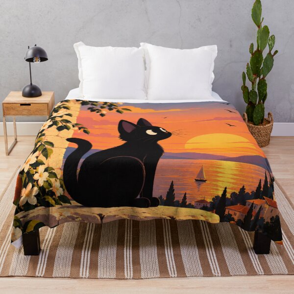 Item preview, Black Cat Watching Sunset Over Coastal Village designed and sold by AbstractAuraArt.