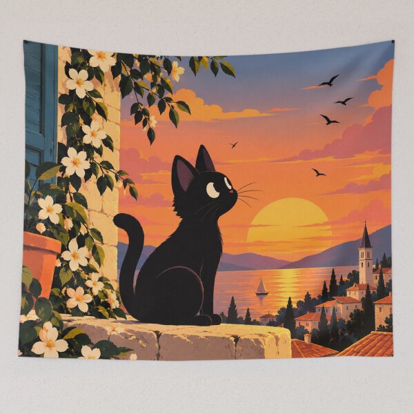 Item preview, Black Cat Watching Sunset Over Coastal Village designed and sold by AbstractAuraArt.