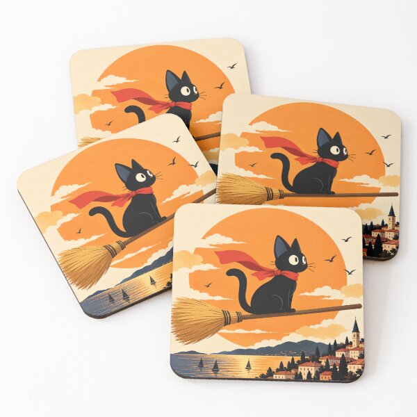 Item preview, Black Cat Riding Broomstick Over Sunset Village designed and sold by AbstractAuraArt.