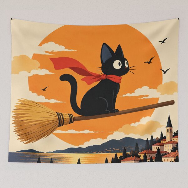 Item preview, Black Cat Riding Broomstick Over Sunset Village designed and sold by AbstractAuraArt.