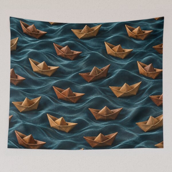 Item preview, Wooden Paper Boats on Teal Fabric Waves – Whimsical Nautical Pattern designed and sold by Kaleidoscope Print.