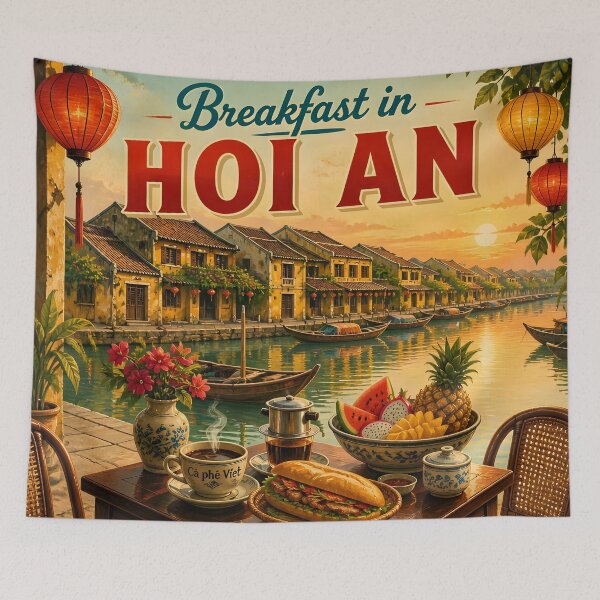 Artikelvorschau, Frühstück in Hoi An, Vietnam – Vintage-Reiseposter entworfen und verkauft von LSVart.