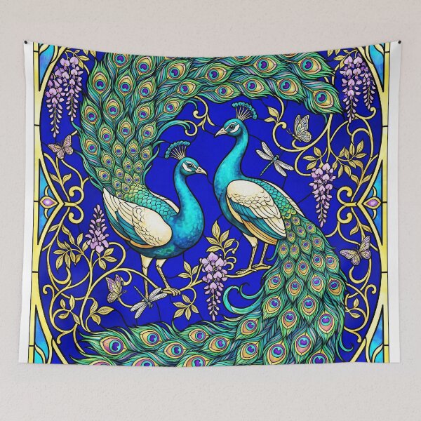 Artikelvorschau, Jugendstil-Glasmalerei mit Pfauen- und Glyzinienmuster, symmetrische Gestaltung entworfen und verkauft von Jaani-T.