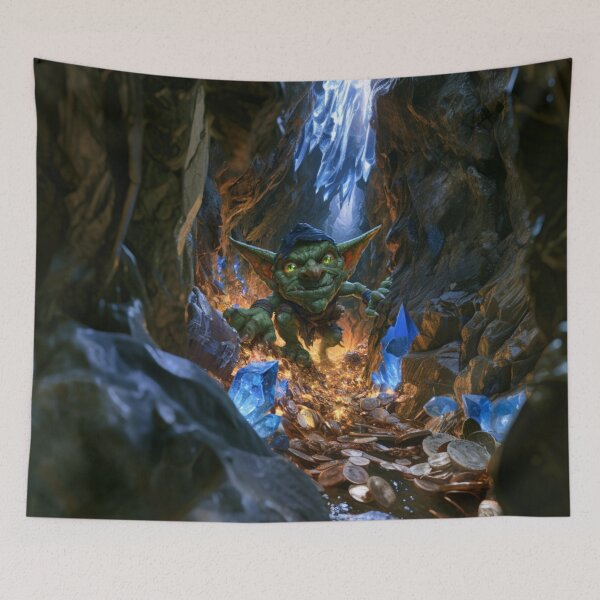 Item preview, A mischievous Goblin sneaking through hidden cave tunnels overflowing with stolen treasure illuminated by glowing crystals, Fantasy & Mythological Creatures designed and sold by CDC40.