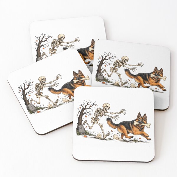 Item preview, Halloween German Shepherd Running with Skeleton Graveyard Dog Art designed and sold by elisarasada.