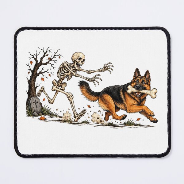 Item preview, Halloween German Shepherd Running with Skeleton Graveyard Dog Art designed and sold by elisarasada.