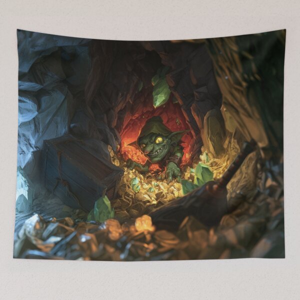 Item preview, A mischievous Goblin sneaking through hidden cave tunnels overflowing with stolen treasure illuminated by glowing crystals, Fantasy & Mythological Creatures designed and sold by CDC40.