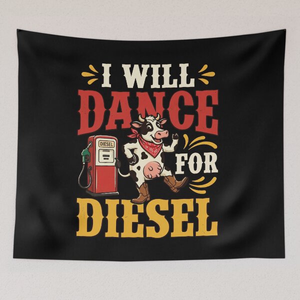 Aperçu de l'œuvre I Will Dance For Diesel : Funny Cow Farm Gasoline Diesel Humor Cow Lover Western Farm Humor Funny Dancing Cow créée et vendue par NewaveBoutique.