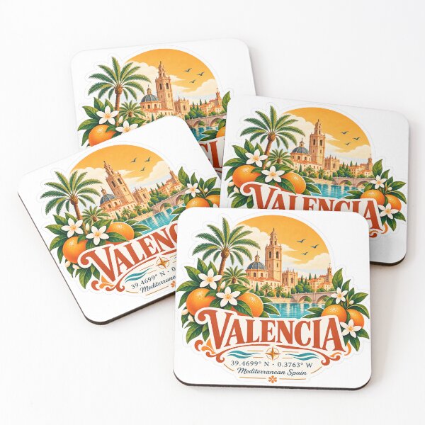 Artikelvorschau, Valencia, Spanien – Reiseaufkleber mit Koordinaten – Mediterranes Vintage-Abzeichen entworfen und verkauft von ChicClicker.