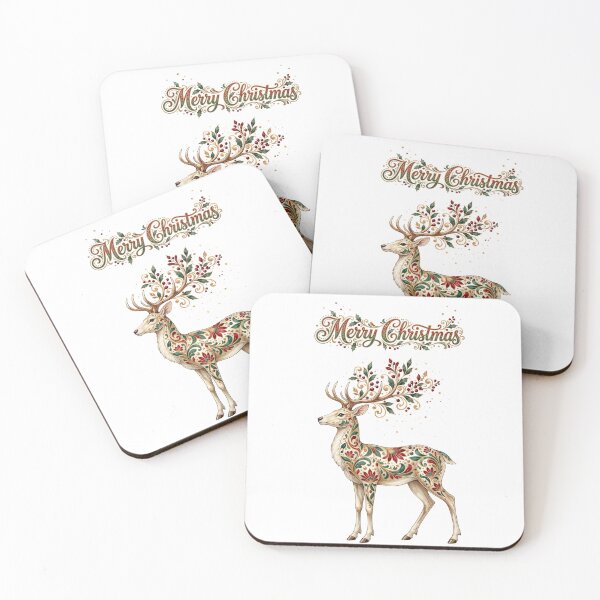 Item preview, Merry Christmas Reindeer Illustration with Floral Ornaments and Calligraphy Isolated on White Background designed and sold by Mike Kiev art.