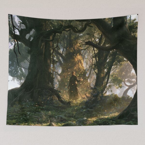 Item preview, A Wood Elf standing within an ancient forest of towering trees, surrounded by wildlife, Fantasy & Mythological Creatures designed and sold by CDC40.