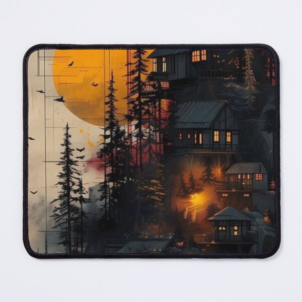 Item preview, Atmospheric Forest Cabins by the Lake — Abstract Sunset Landscape Art designed and sold by LYAN-STORE.