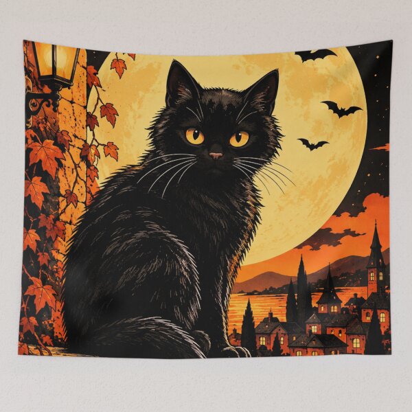 Item preview, Black Cat Under Harvest Moon Halloween Night designed and sold by AbstractAuraArt.