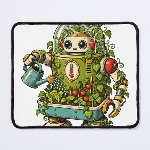 Item preview, Retro greenhouse robot waters tomatoes, garden botany designed and sold by LongIslandDesgn.