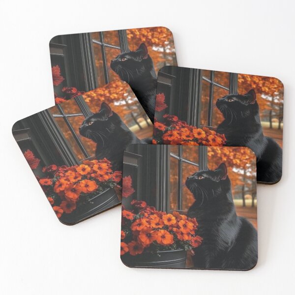 Item preview, Black Cat by Autumn Window with Orange Flowers — Cozy Fall Photography designed and sold by LYAN-STORE.