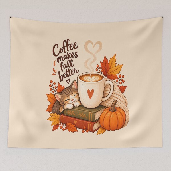 Item preview, Coffee Makes Fall Better – Cozy Autumn Coffee Cat designed and sold by NovaNest  Studio.
